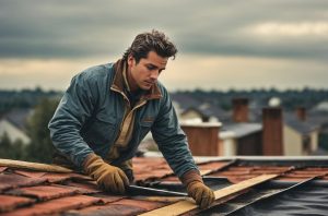 Roofer inspecting a shingle roof for damage — roof leak detection.